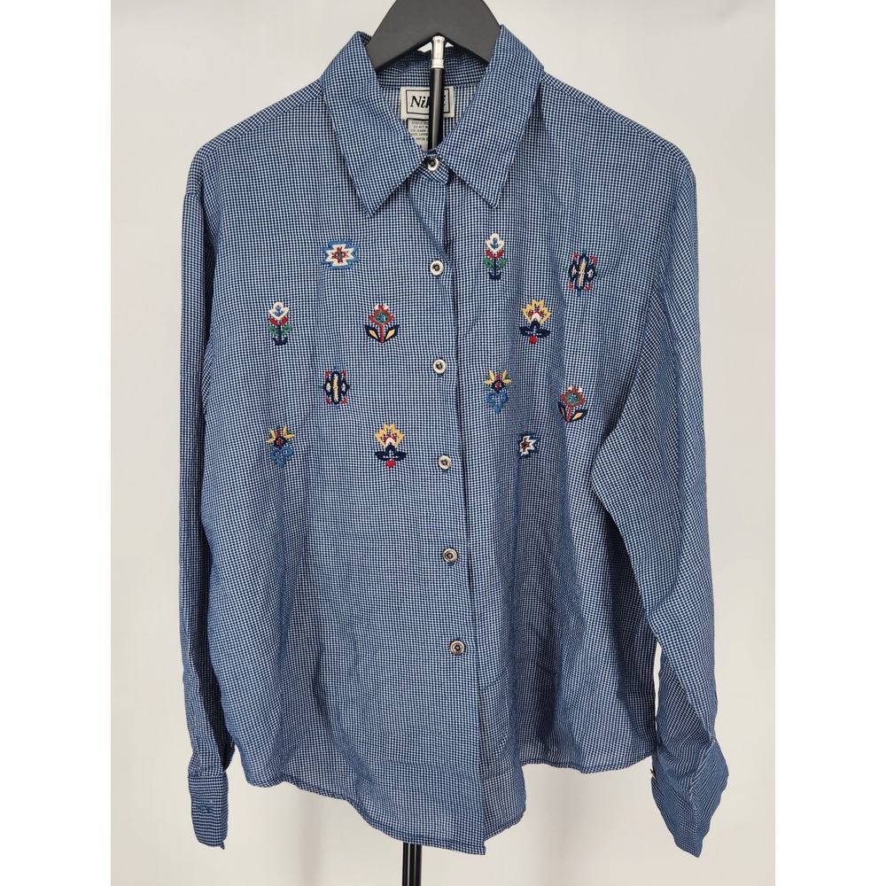 Nikki Vintage Gingham Embroidered Button Down Shirt Blue White Floral Size 16